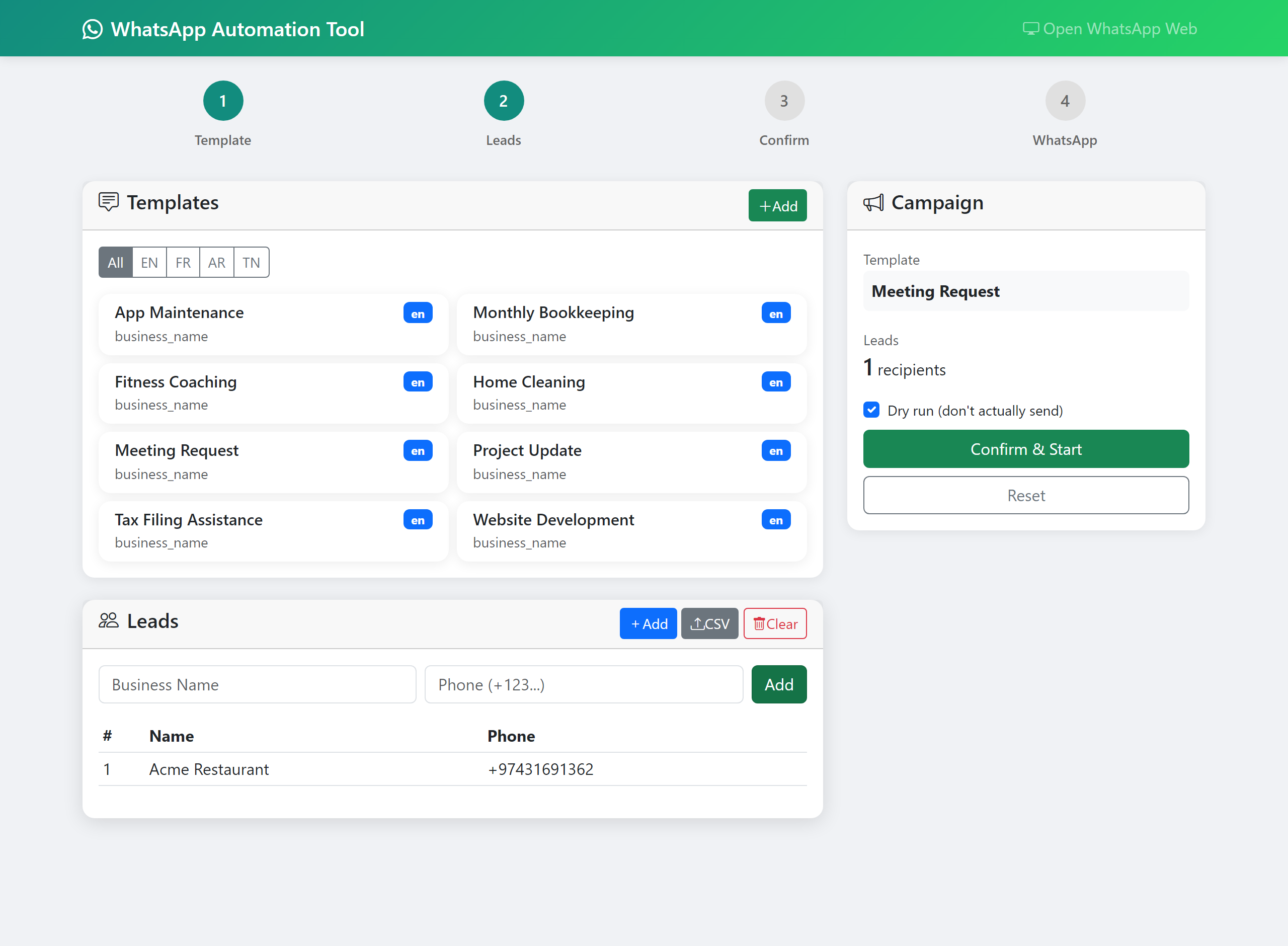The campaign dashboard: a 4-step wizard across the top, a Templates grid, a Leads table, and a Campaign panel with a Dry-run toggle